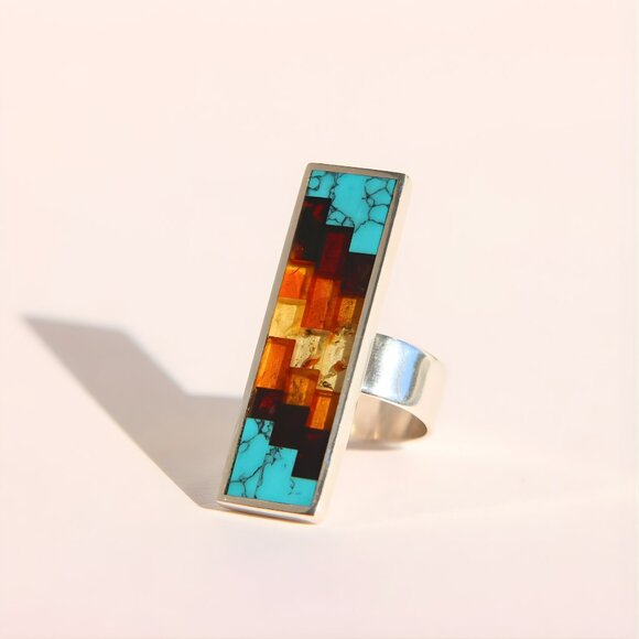 Turquoise and Baltic Amber Mosaic Ring- Sterling Silver -Adjustable Size - Picture 3 of 7